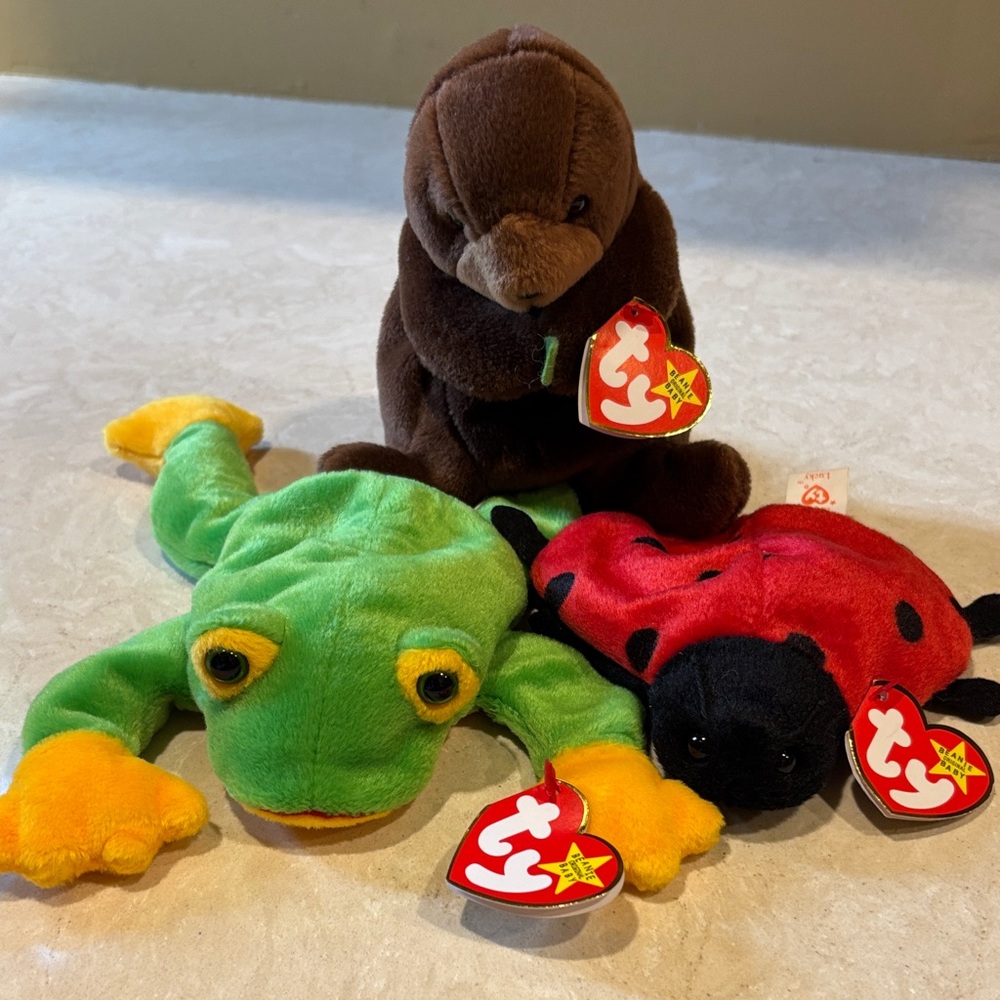 Ty Plush Trio: Green Frog, Red Ladybug, Brown Otter